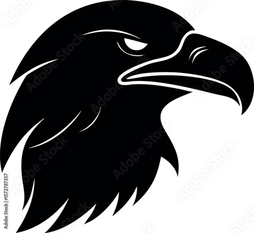 Fierce eagle head silhouette with sharp beak and intense eyes isolated on white background