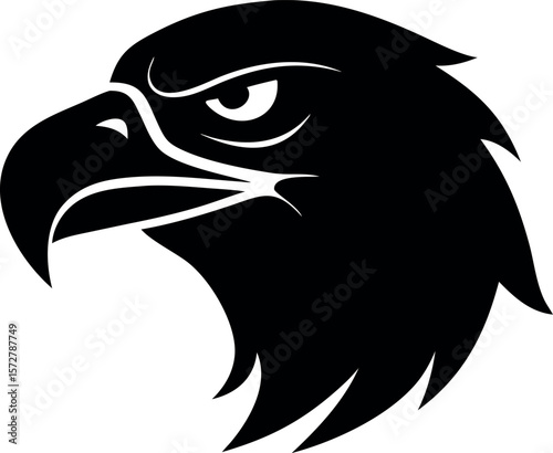 Fierce eagle head silhouette with sharp features isolated on white background