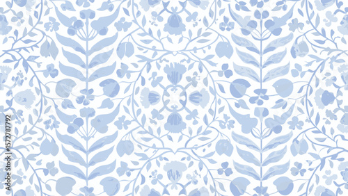 Light blue floral pattern with symmetrical arrangement of leaves and fruits on a white background