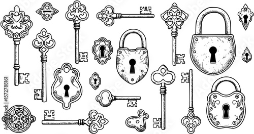 Hand drawn vintage key and lock vector set
