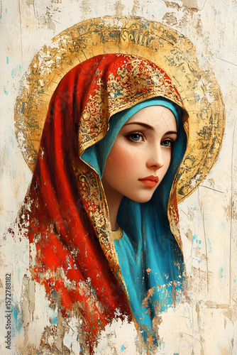 Virgin Mary portrait in red and blue with golden halo