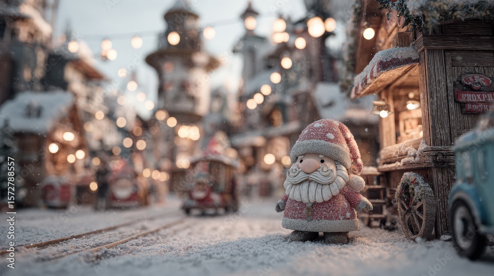 Fototapeta premium Small toy Santa Claus standing on a snow-covered street with soft daylight and urban background.
