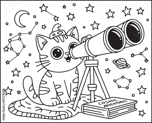 Cute cat with telescope in space planet around outline vector for kids coloring page or book design