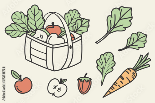 A basket filled with fresh fruits and vegetables with leaves around