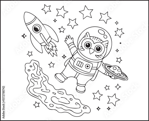 Astronaut owl in space planet around outline vector for kids coloring page or book design