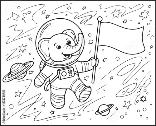 Astronaut elephant in space planet around outline vector for kids coloring page or book design