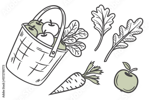 A basket full of apples and fresh vegetables for the autumn harvest