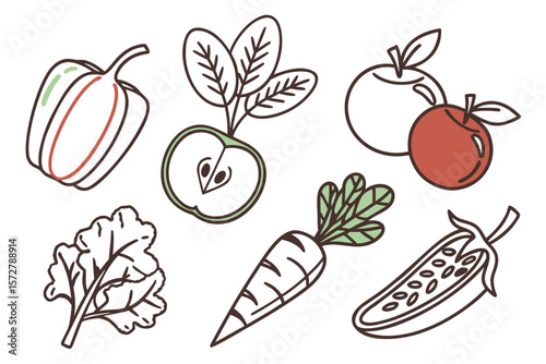 Hand drawn fruits and vegetables create a healthy food illustration
