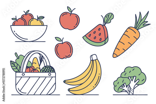 Colorful fruits and vegetables create a healthy food illustration