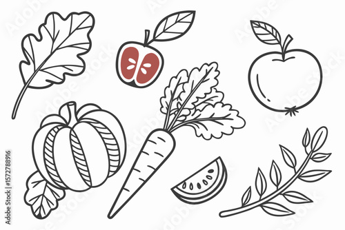 Hand drawn fruits and vegetables create a healthy food illustration
