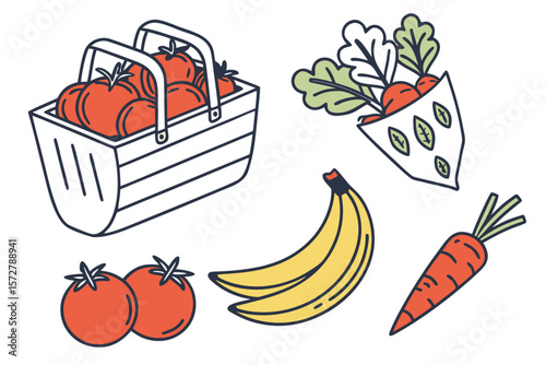 A colorful illustration of a basket filled with fresh produce
