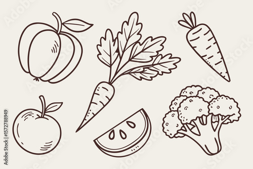 A charming handdrawn illustration of various healthy vegetables and fruits