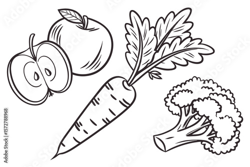A simple black and white illustration of healthy fruits and vegetables