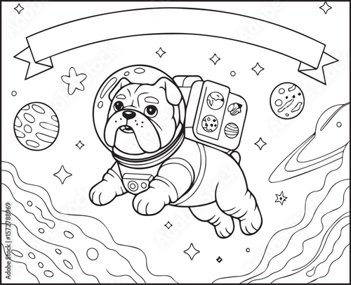 Astronaut dog in space planet around outline vector for kids coloring page or book design