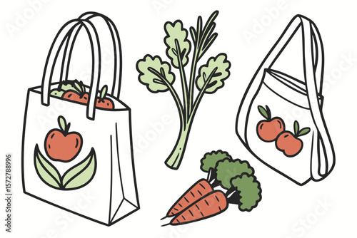 Tote bags filled with fresh produce and herbs illustration