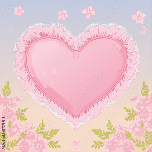 Heart shaped pink pillow with ruffles. Coquette style vintage cushion template for text. Line vector drawing. Pastel color pollowcase