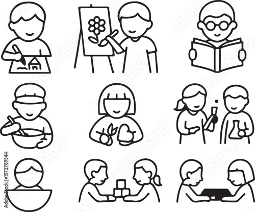 A playful set of cartoon business people icons featuring men, women, and children with funny faces, perfect for a family-friendly design