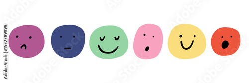 Happy Smile Face Cartoon Icon Collection. Abstract Cute Emoji People. Vector Doodle Illustration