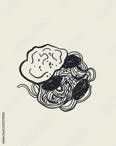 Italian cuisine and sea inspired illustrations with pasta, seafood, wine, lemons, shells, herbs in doodle cartoon vector style, Mediterranean kitchen wall art prints in la dolce vita style.