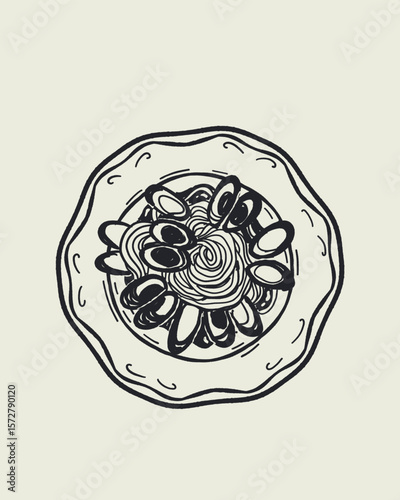 Italian cuisine and sea inspired illustrations with pasta, seafood, wine, lemons, shells, herbs in doodle cartoon vector style, Mediterranean kitchen wall art prints in la dolce vita style.
