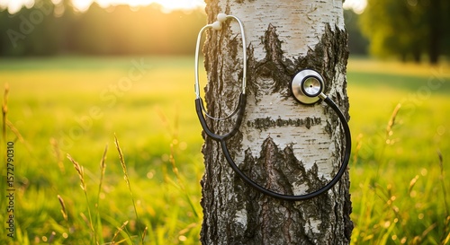 Stethoscope Hanging on Birch Tree: Nature and Healing Concept photo