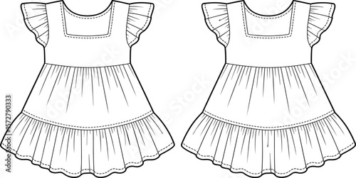 Women's Fashion Skirt CAD Drawing: Tiered Ruffle Maxi Skirt Design in Flat Vector Illustration for Apparel Mockup, Stylish Bohemian Clothing