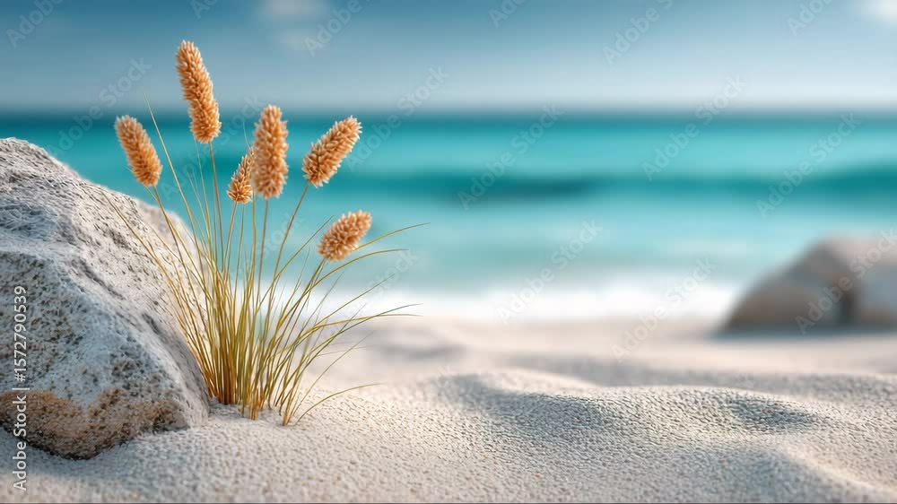 Sand dune with golden grass on the ocean shore, wind swaying the stems against the turquoise sea, sunlight and calm atmosphere