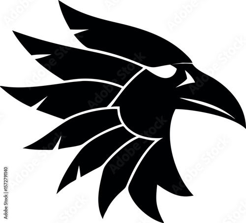 Stylized black raven head silhouette isolated on white background