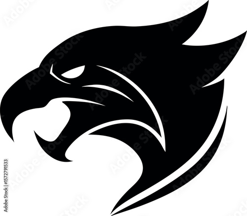 Fierce black eagle head silhouette with sharp beak and intense eyes isolated on white background