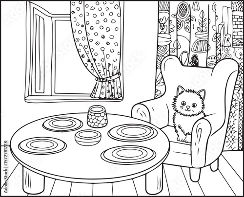 Beautiful and creative interior design of a living room black outline vector line art for children and adult coloring page or book design