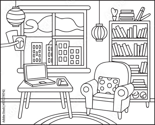 Beautiful and creative interior design of a living room black outline vector line art for children and adult coloring page or book design