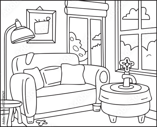 Beautiful and creative interior design of a living room black outline vector line art for children and adult coloring page or book design