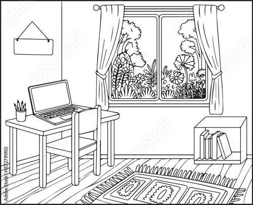 Beautiful and creative interior design of a living room black outline vector line art for children and adult coloring page or book design