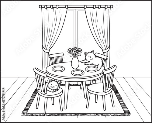 Beautiful and creative interior design of a living room black outline vector line art for children and adult coloring page or book design