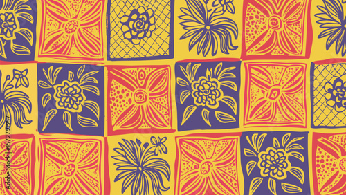 Floral pattern with square tiles in yellow, purple and red colors forming a retro style design