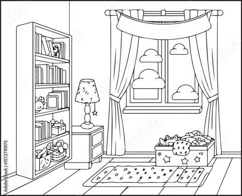 Beautiful and creative interior design of a living room black outline vector line art for children and adult coloring page or book design