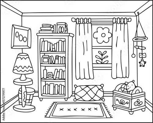 Beautiful and creative interior design of a living room black outline vector line art for children and adult coloring page or book design