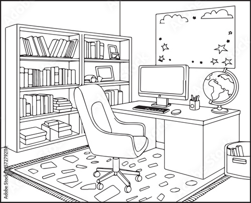 Beautiful and creative interior design of a living room black outline vector line art for children and adult coloring page or book design