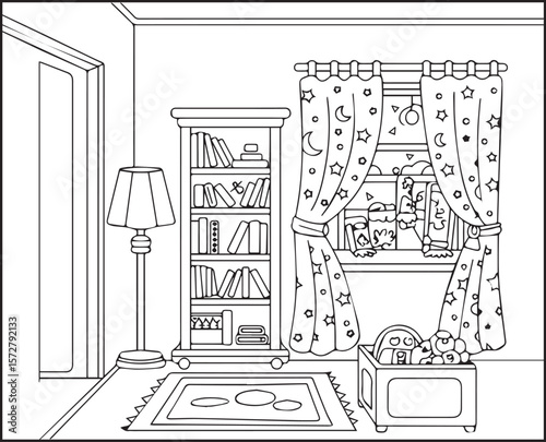 Beautiful and creative interior design of a living room black outline vector line art for children and adult coloring page or book design