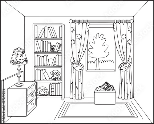 Beautiful and creative interior design of a living room black outline vector line art for children and adult coloring page or book design