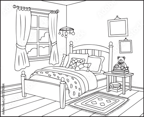 Beautiful and creative interior design of a living room black outline vector line art for children and adult coloring page or book design