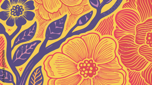 Floral pattern with yellow and red flowers and purple leaves and branches in a vintage style