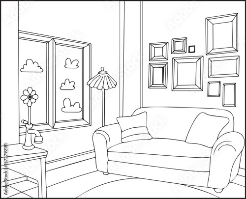 Beautiful and creative interior design of a living room black outline vector line art for children and adult coloring page or book design