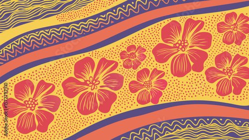 Floral pattern with red flowers and wavy lines on yellow background and orange and purple bands