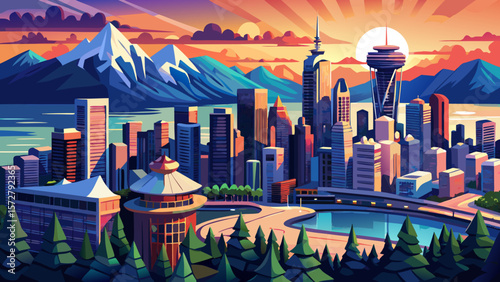 Beautiful aerial view of downtown Vancouver skyline, British Columbia, Canada at sunset 4K