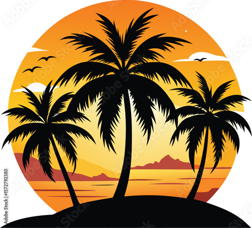 sunset with palms vector high quality black silhouette