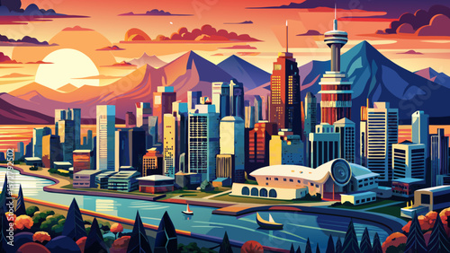 Beautiful aerial view of downtown Vancouver skyline, British Columbia, Canada at sunset 4K