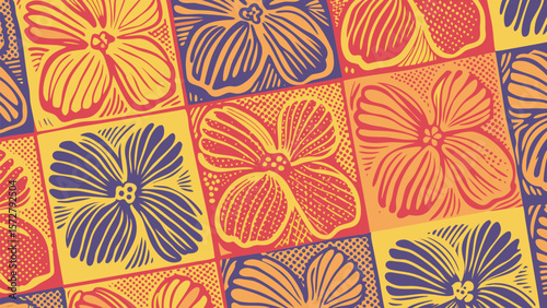 Floral pattern with square tiles featuring stylized flowers in a repeating arrangement design