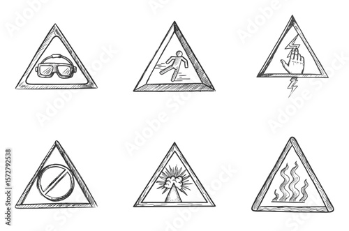 Hand-drawn triangular warning icons with goggles, falling hazard, electric shock, no access, laser beam and hot surface symbols, pencil sketch style. Concept workplace safety, signage, industrial desi