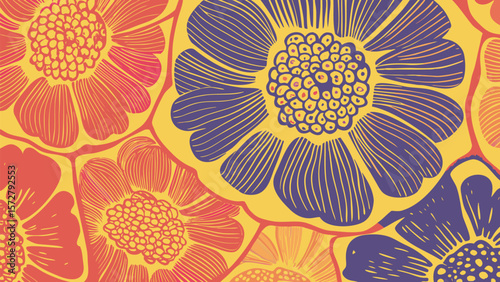 Floral pattern with orange and purple flowers on a yellow background in a vintage style design